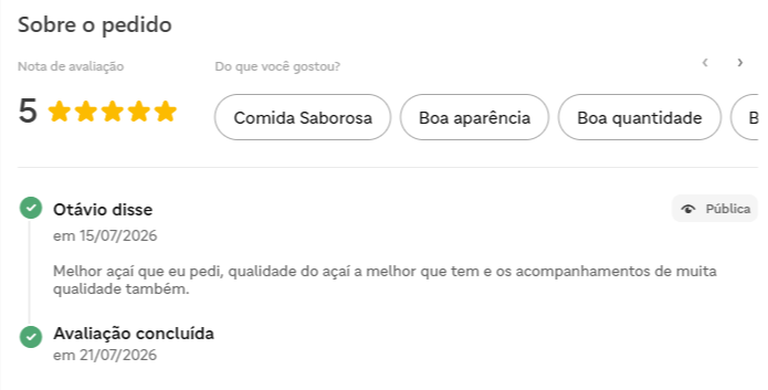 Avaliação cinco estrelas no iFood